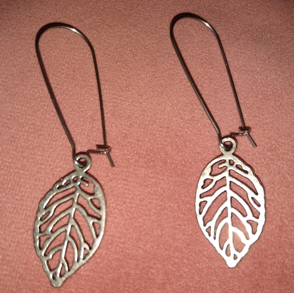 Handmade Leaf Earrings Stainless Steel Big Oversized Kidney Wires Dangle Charms - Picture 2 of 6